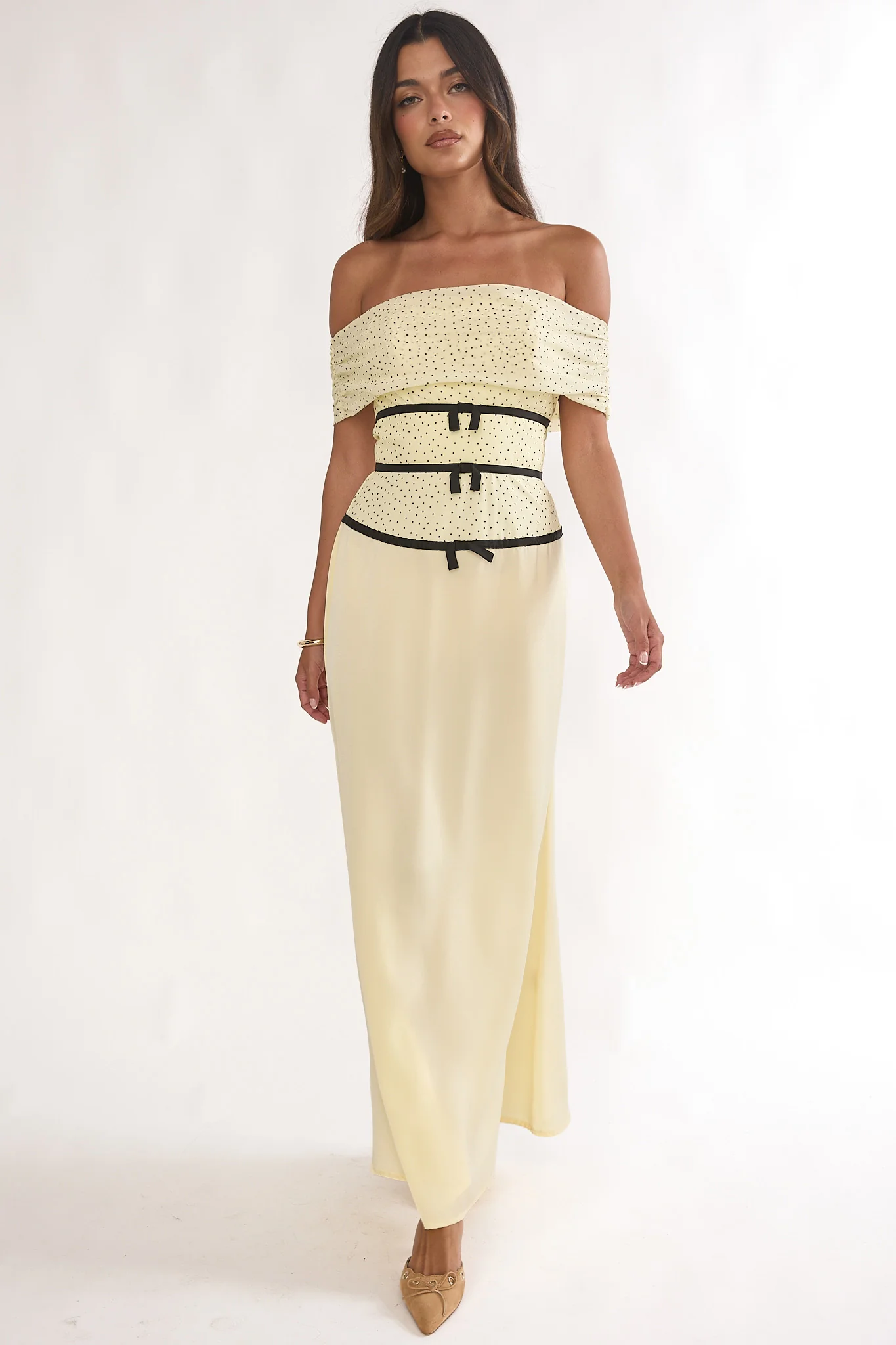 Begonias Off-Shoulder Bow Maxi Dress Spotted Lemon - Image 4