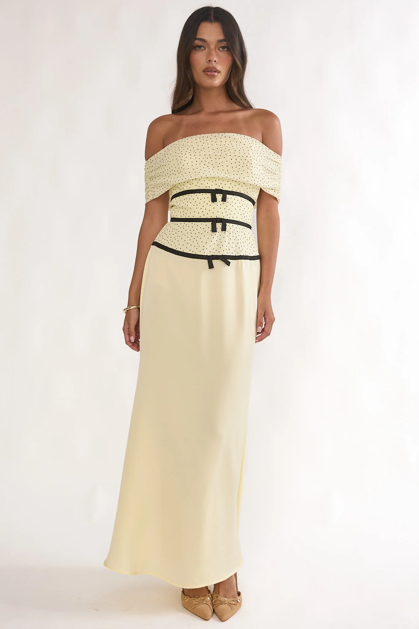Begonias Off-Shoulder Bow Maxi Dress Spotted Lemon - Image 5