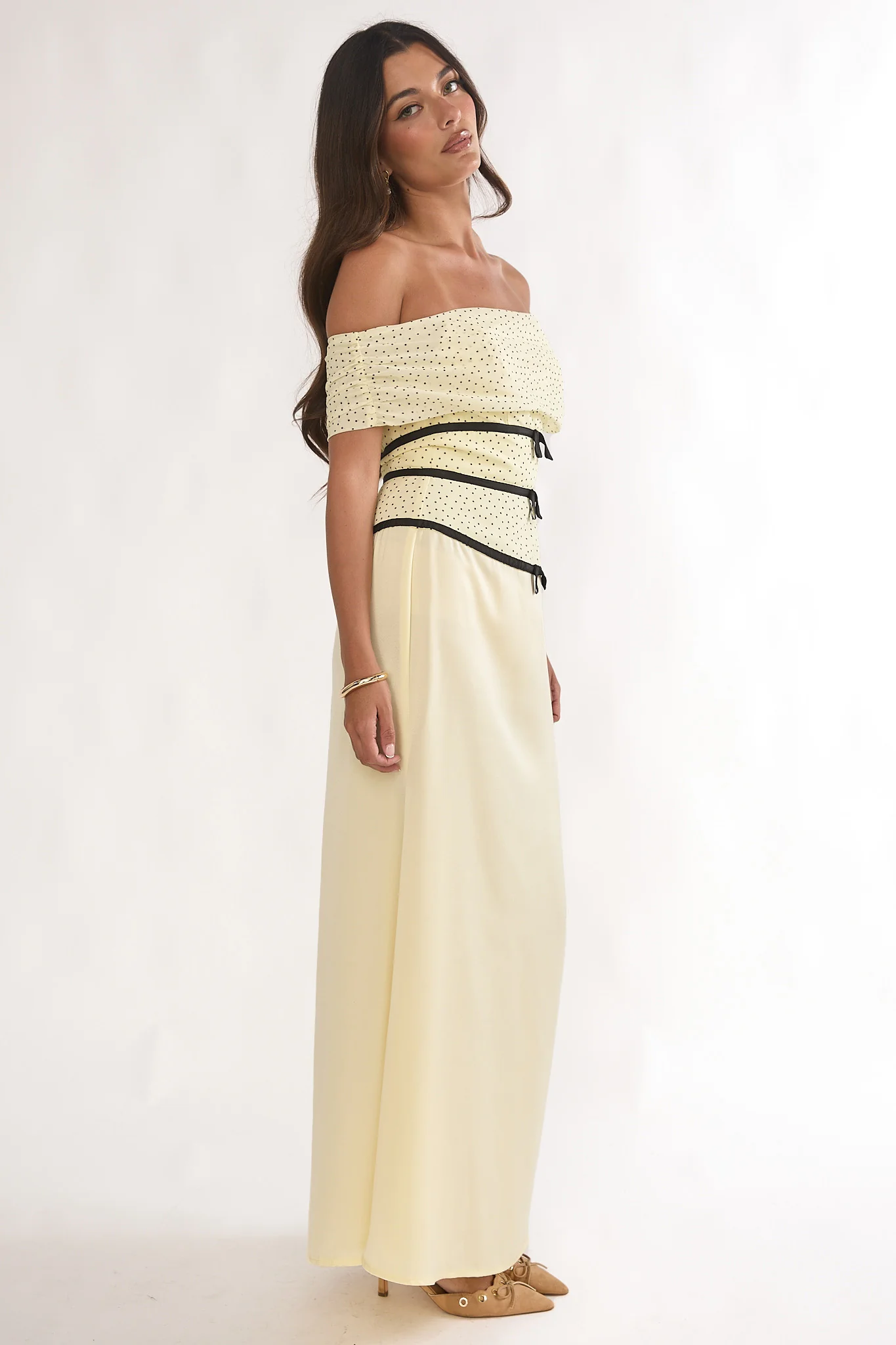 Begonias Off-Shoulder Bow Maxi Dress Spotted Lemon - Image 6