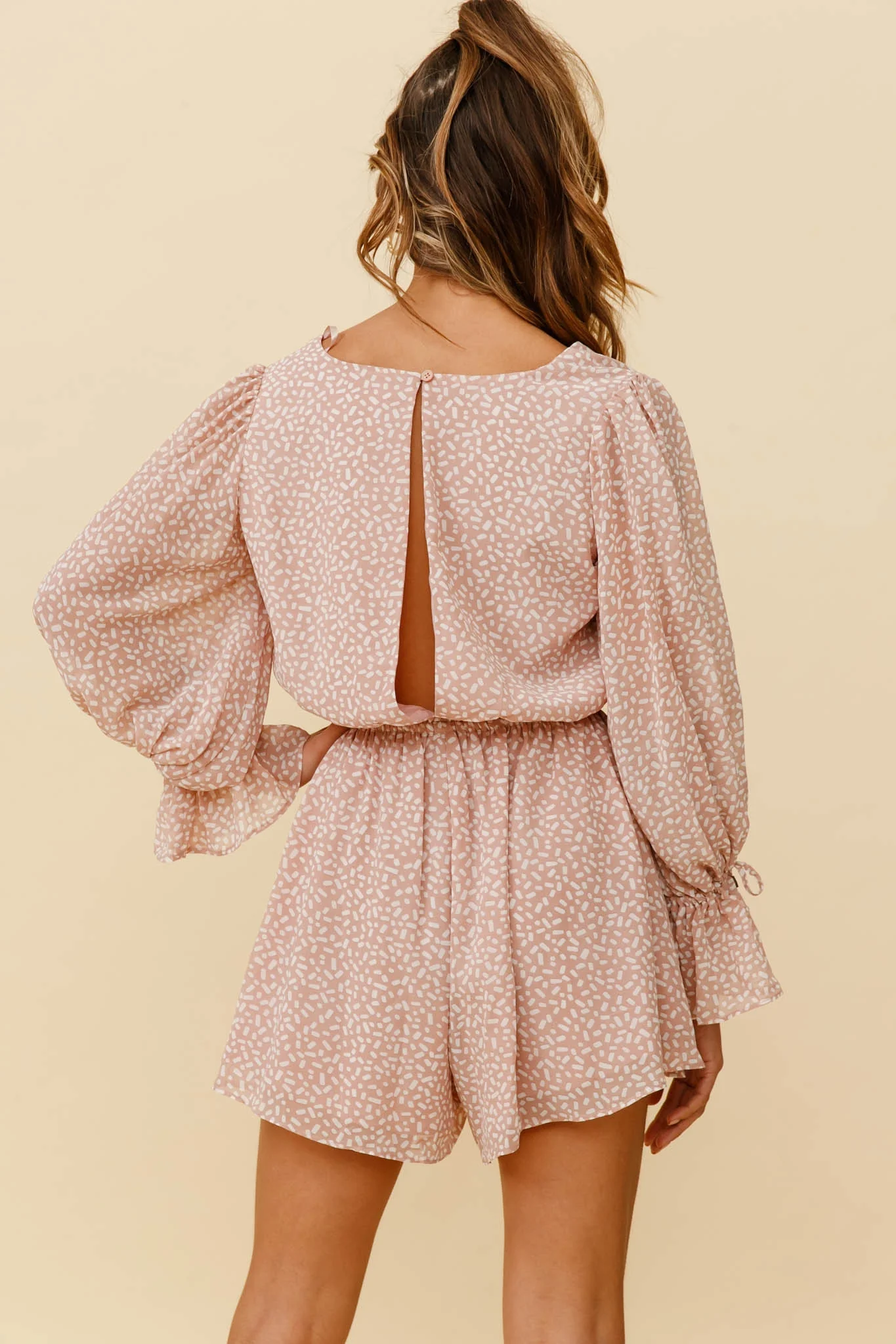 Believe It Or Not Long Sleeve Drawstring Romper Sprinkle Print Pink - Image 3