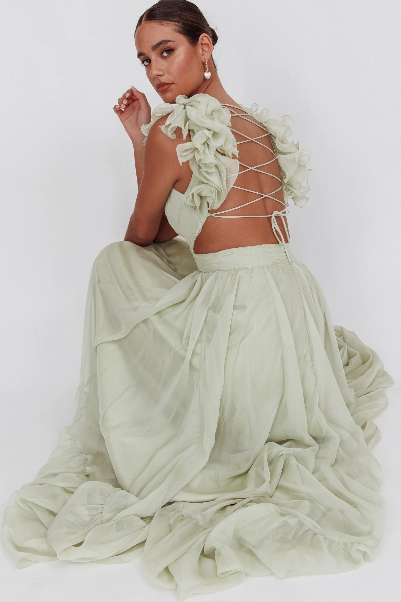 Bellamy Lace-Up Back Ruffle Maxi Dress Sage - Image 2