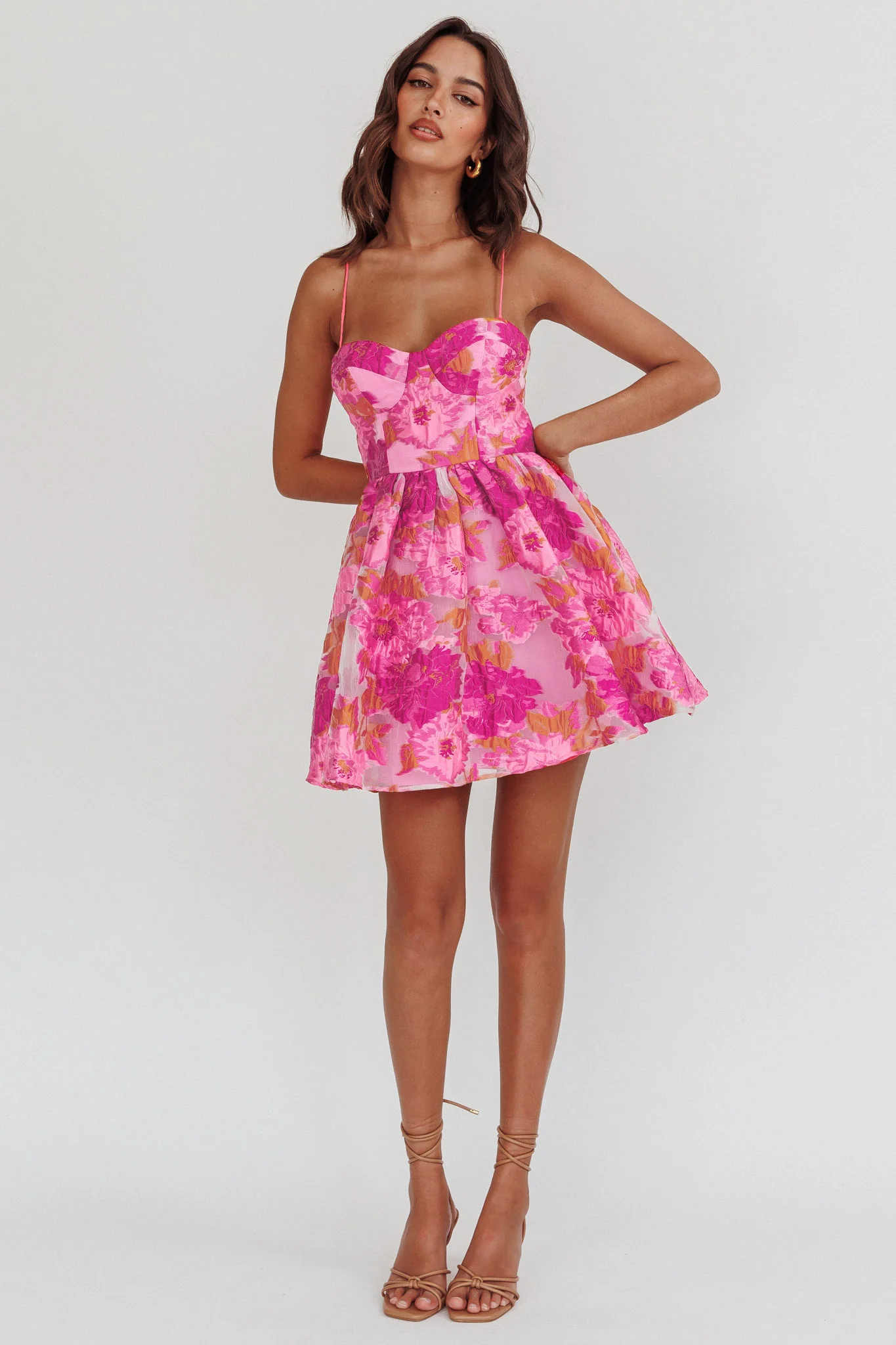 Belle Enchante Cami Strap Jacquard Mini Dress Pink - Image 3