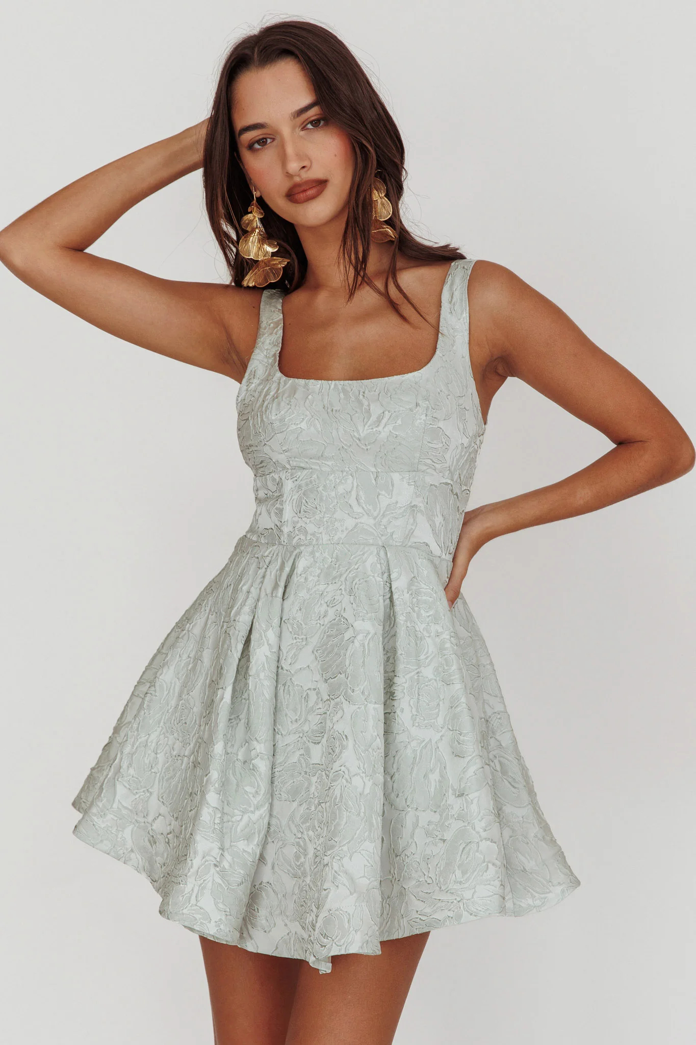 Belle Enchante Jacquard Mini Dress Sage - Image 5
