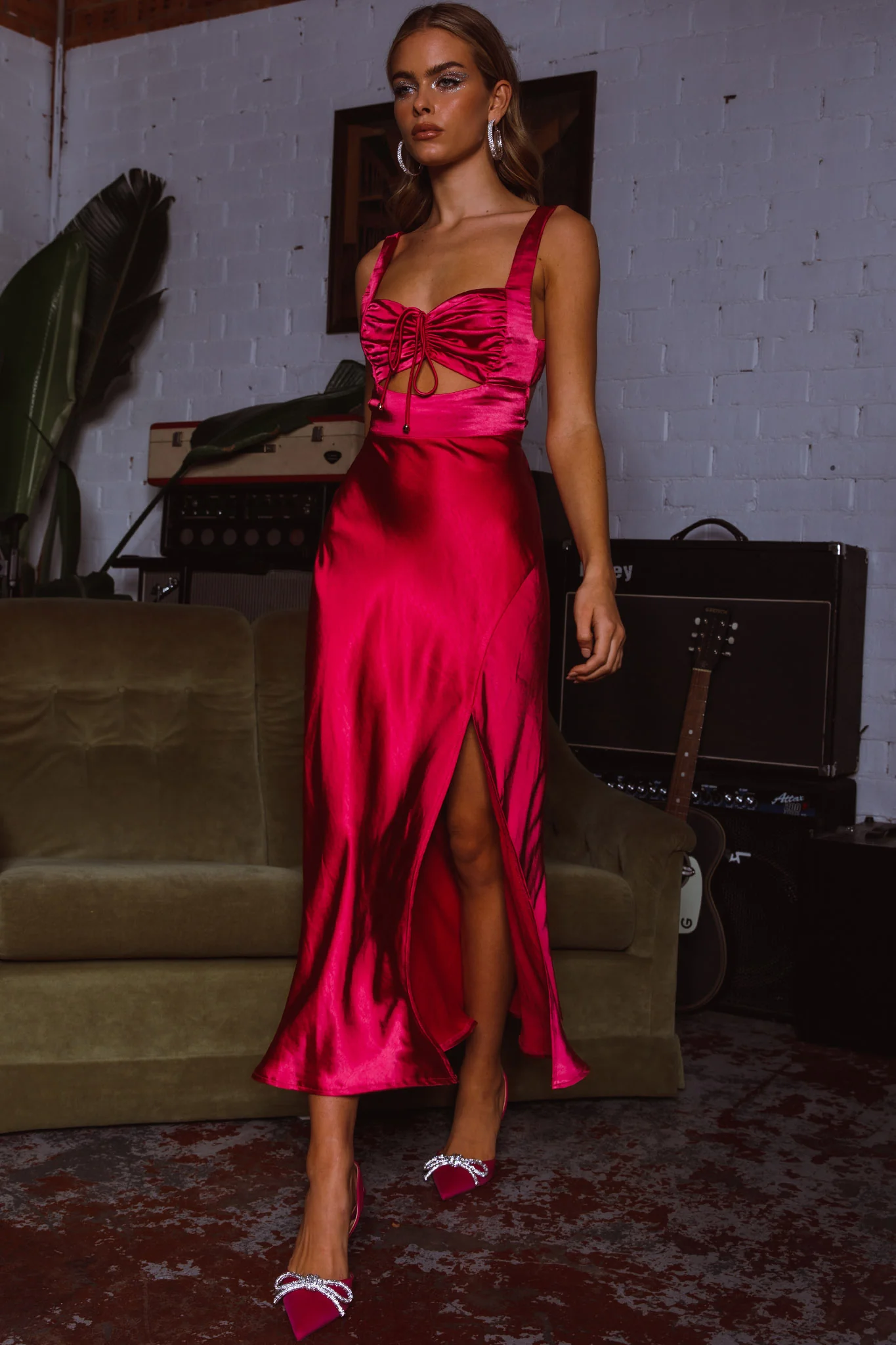 Belle Epoque Drawstring Bust Midi Dress Hot Pink - Image 5