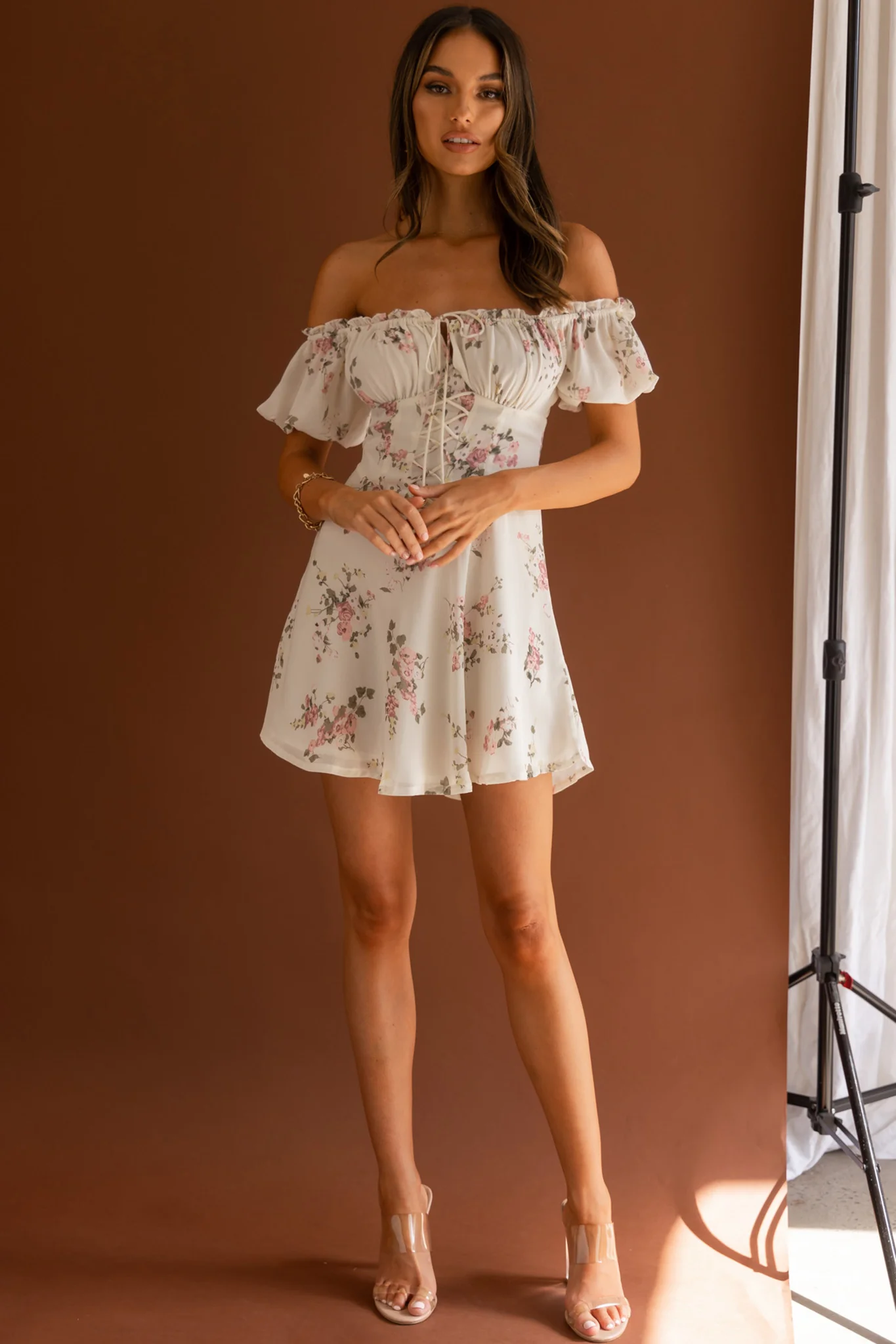 Belle Fleur Tied Bust Mini Dress Floral White - Image 3
