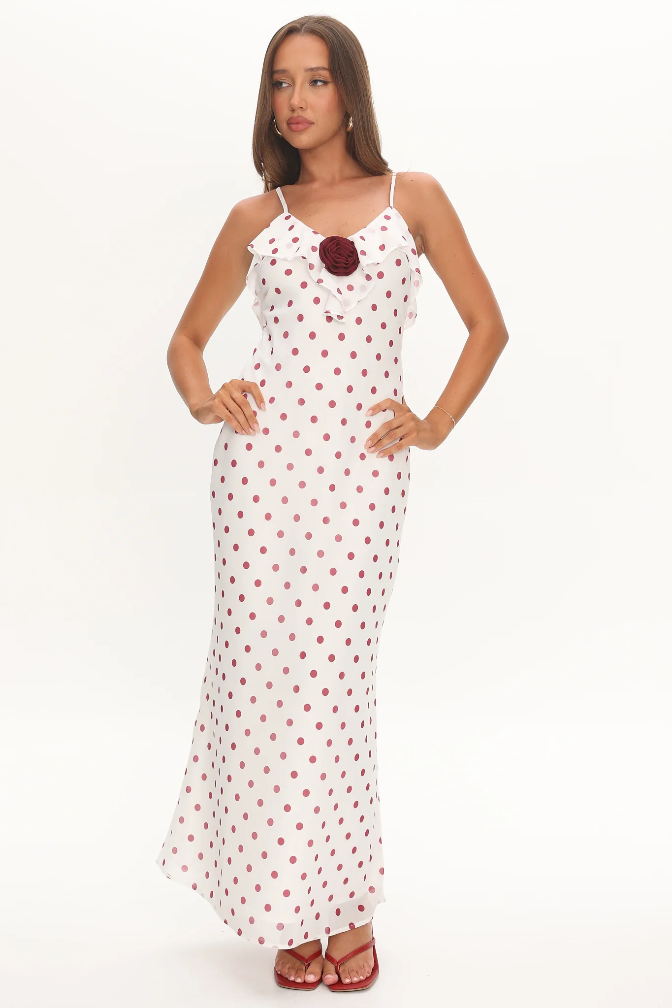 Bellissa Ruffle Bust Maxi Dress Polka Dot Red - Image 5