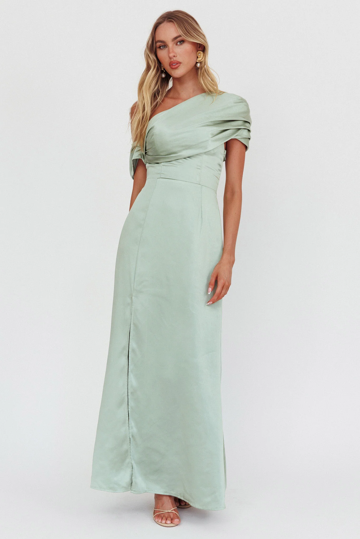Bellissima Asymmetric Shoulder Maxi Dress Sage - Image 2
