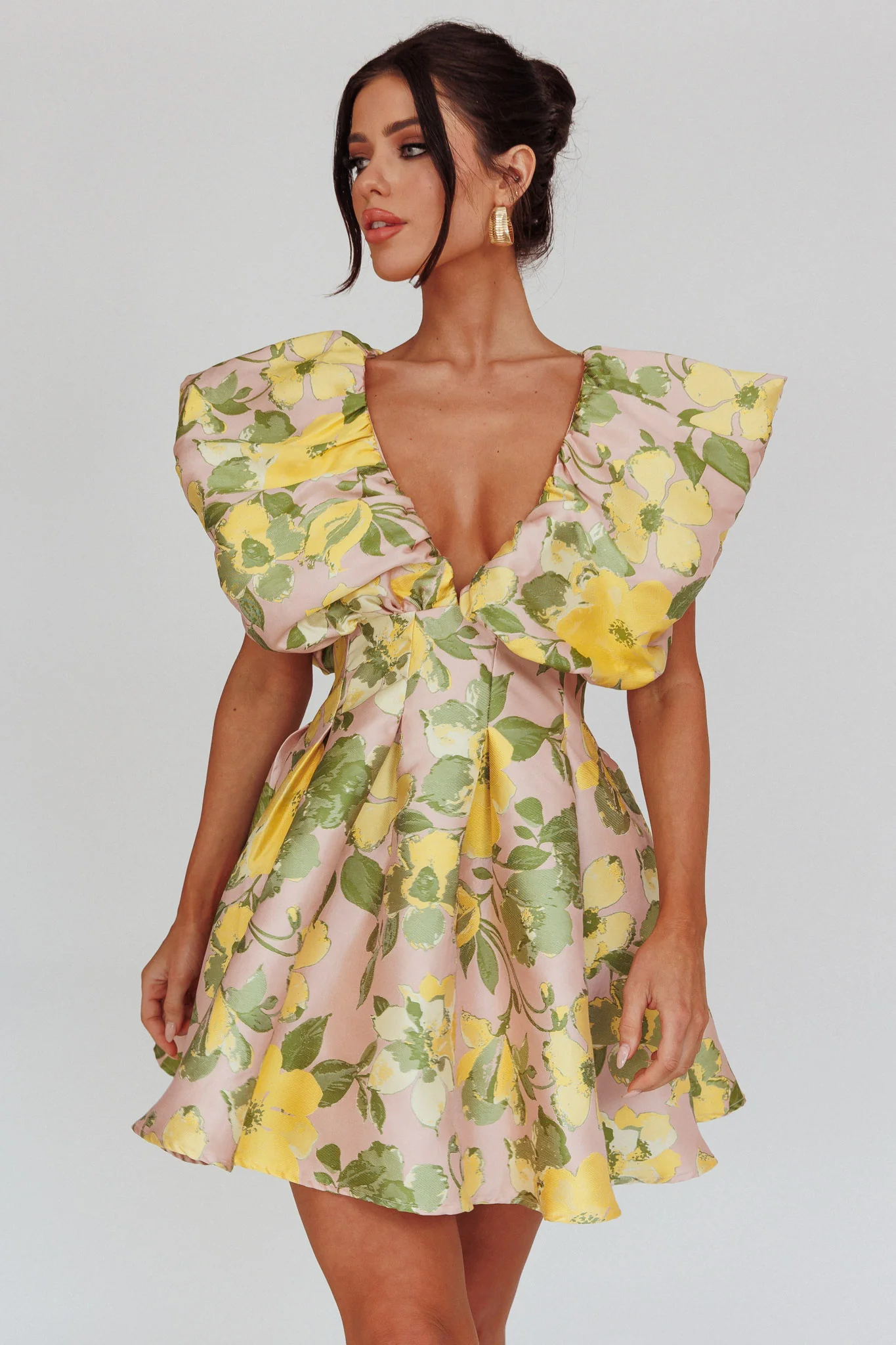 Bennet Puffed Neckline Mini Dress Floral Pink/Yellow - Image 5