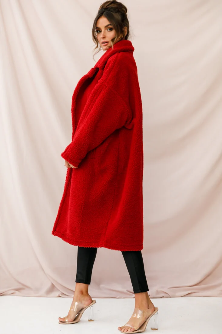 Berlin Notched Lapel Longline Fleece Coat Red - Image 3