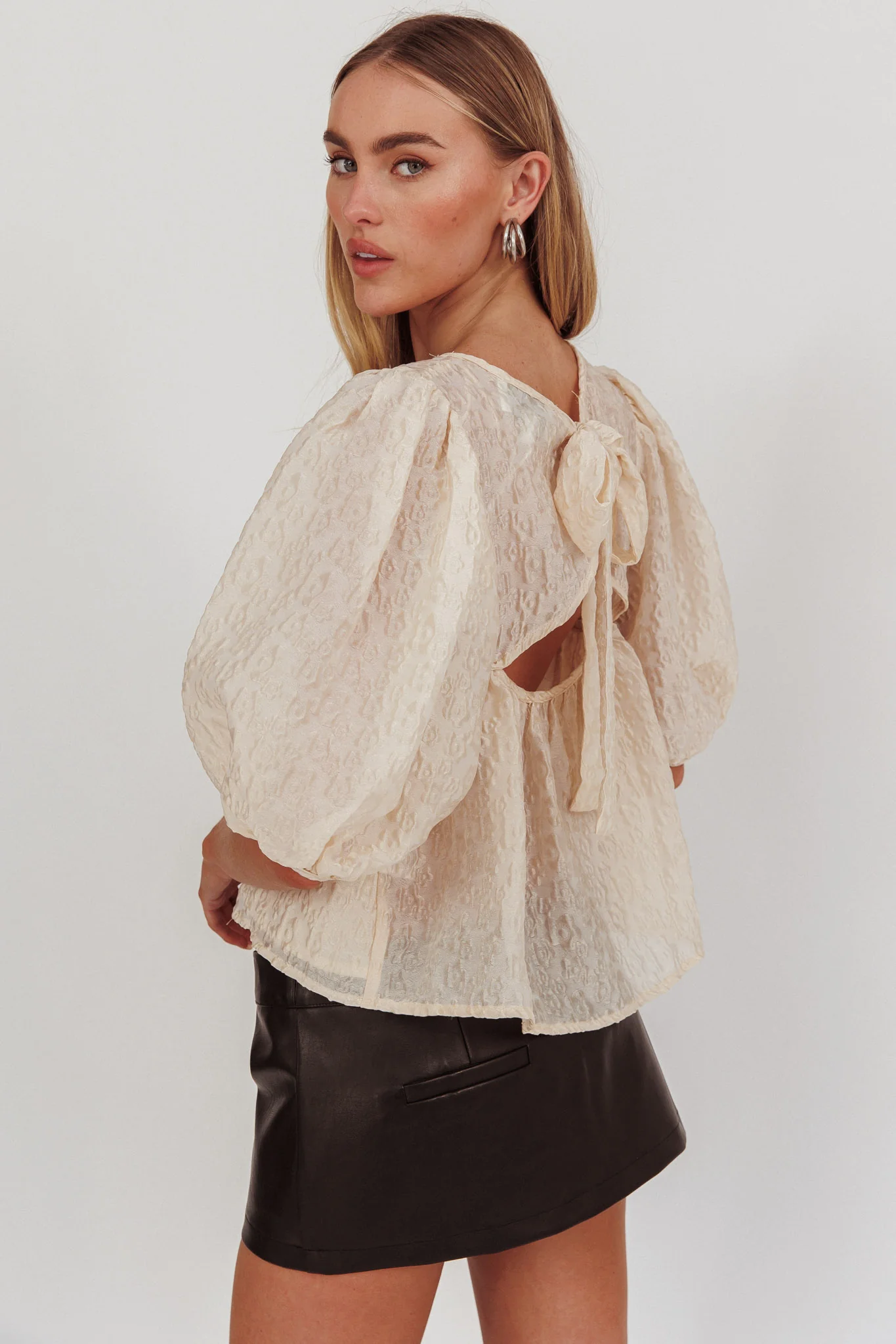 Beside You Puff Sleeves Tied Back Top Cream - Image 3