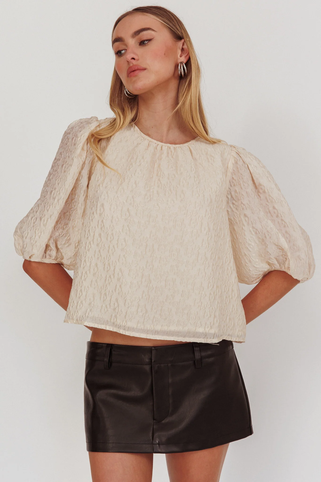 Beside You Puff Sleeves Tied Back Top Cream - Image 6