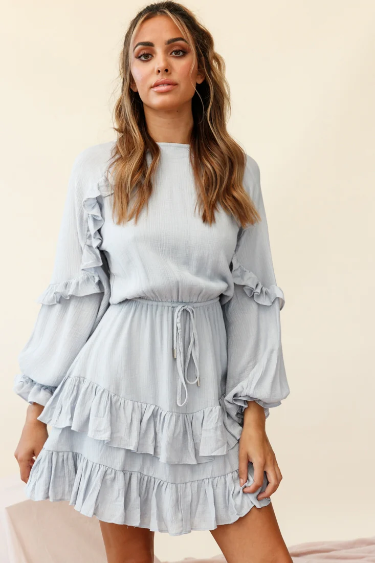 Best Wishes Long Sleeve Frill Detail Dress Grey - Image 3