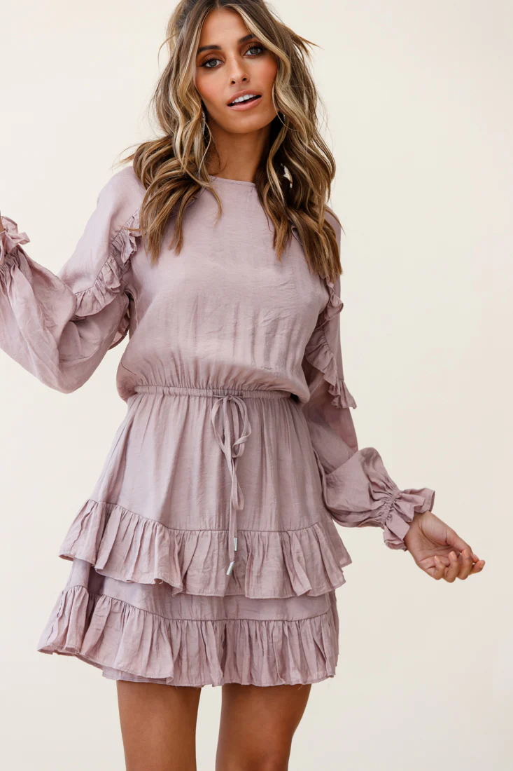 Best Wishes Long Sleeve Frill Detail Dress Mocha - Image 6
