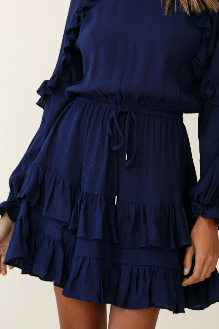 Best Wishes Long Sleeve Frill Detail Dress Navy - Image 4