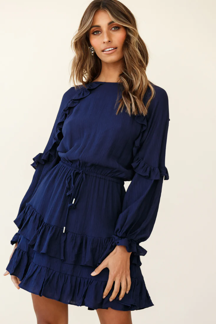 Best Wishes Long Sleeve Frill Detail Dress Navy - Image 5