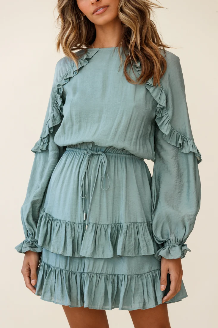 Best Wishes Long Sleeve Frill Detail Dress Olive - Image 3