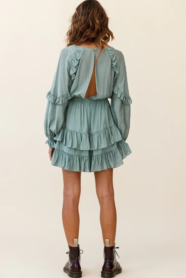 Best Wishes Long Sleeve Frill Detail Dress Olive - Image 4