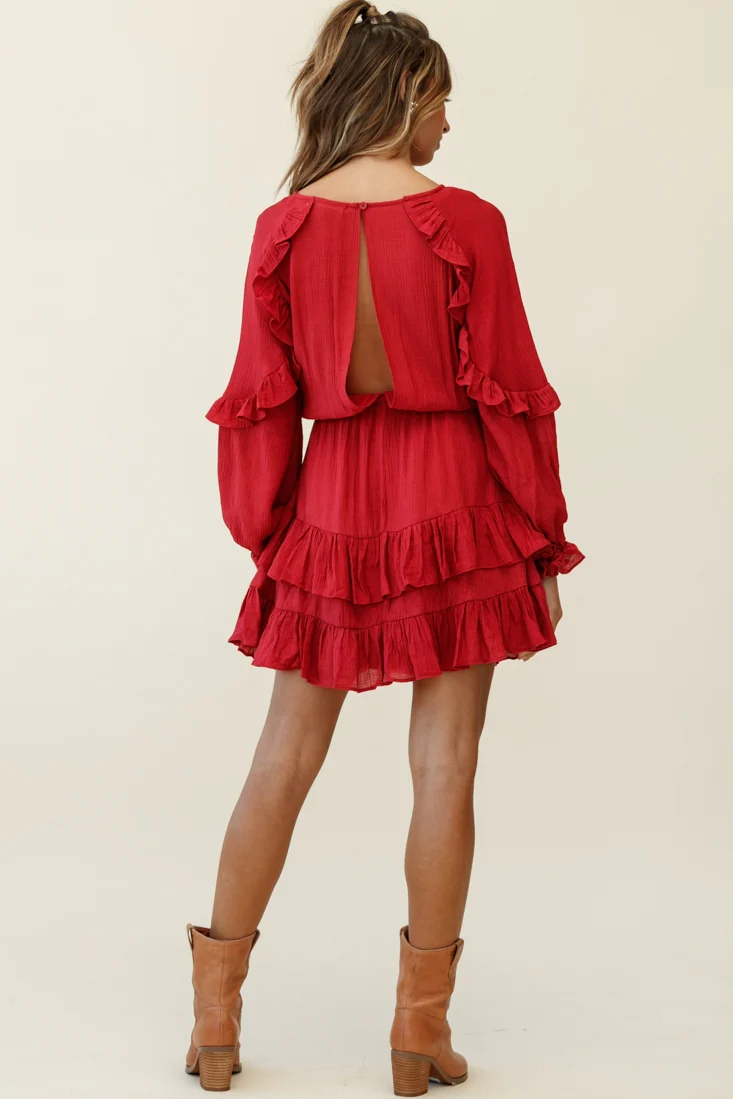 Best Wishes Long Sleeve Frill Detail Dress Wine - Image 6