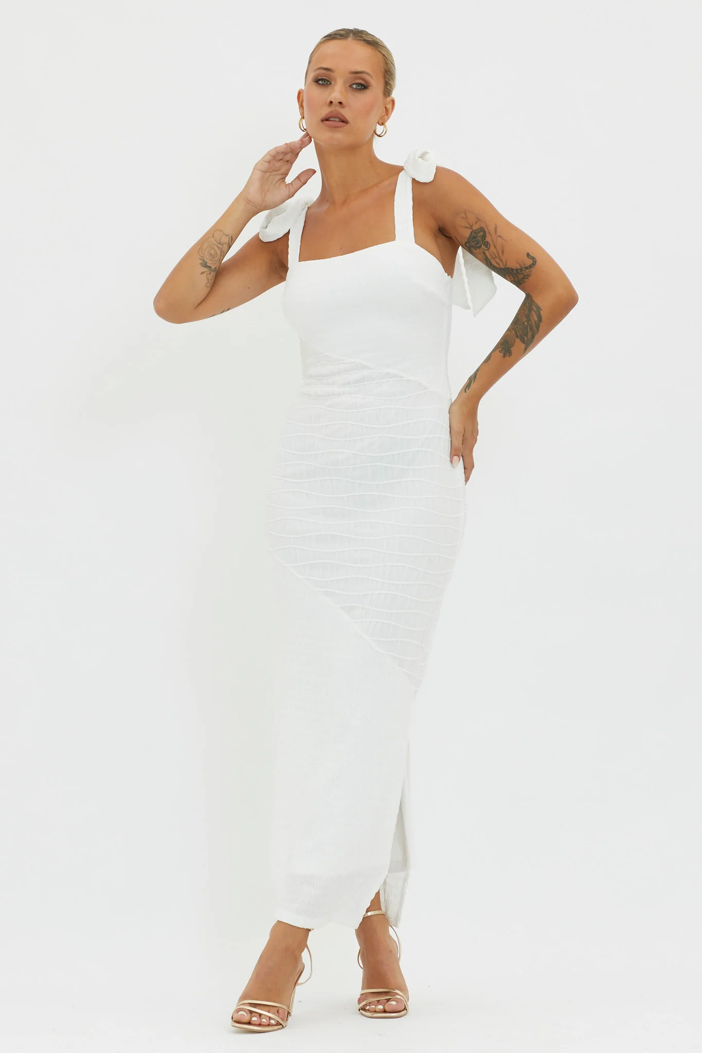 Bindi Puckered Tied Strap Dress White - Image 3