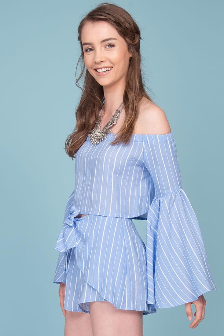 Blaine Bell Sleeve Off The Shoulder Pinstripe Top Blue - Image 7