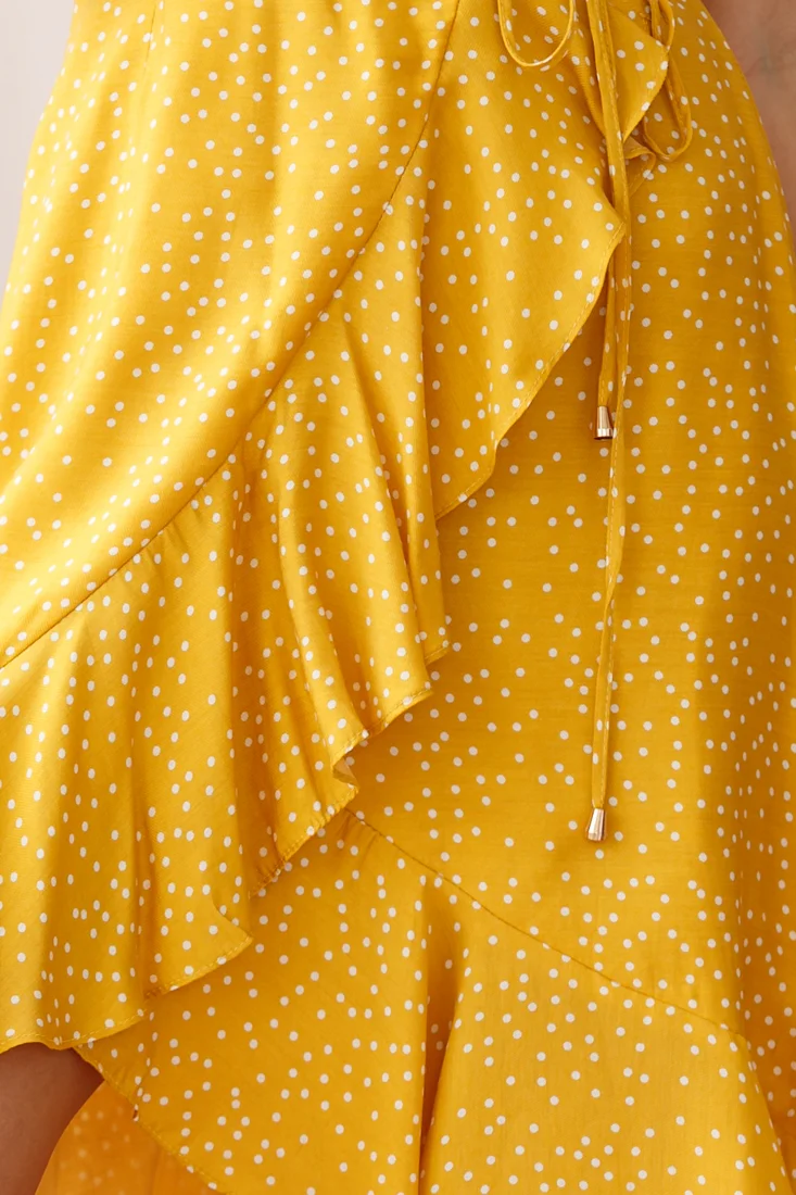 Blessed Wrap Ruffle Hem Midi Dress Dot Print Mustard - Image 5