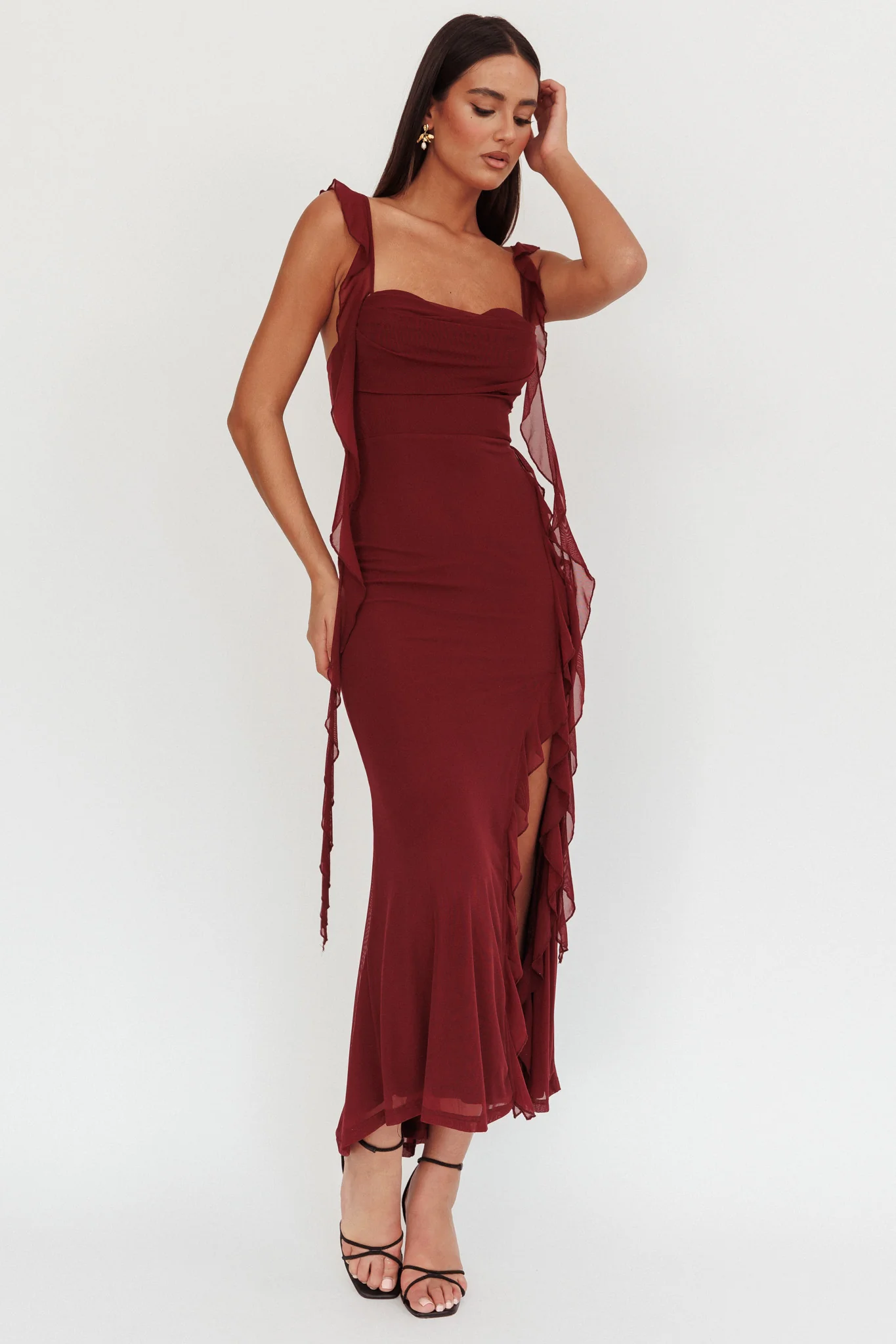 Blushing Ruffle Trim Maxi Dress Wine - Image 4