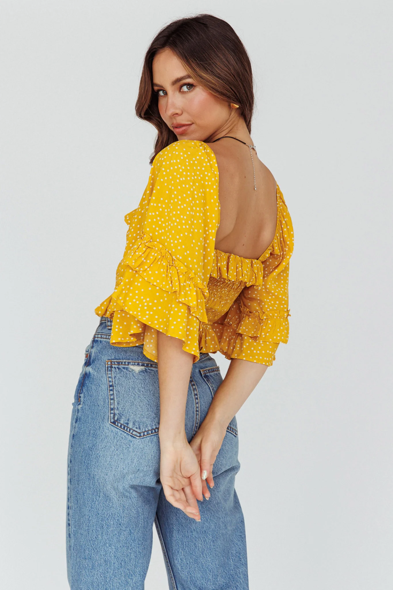 Boardwalk Bell Sleeve Crop Top Spotty Mustard - Image 2