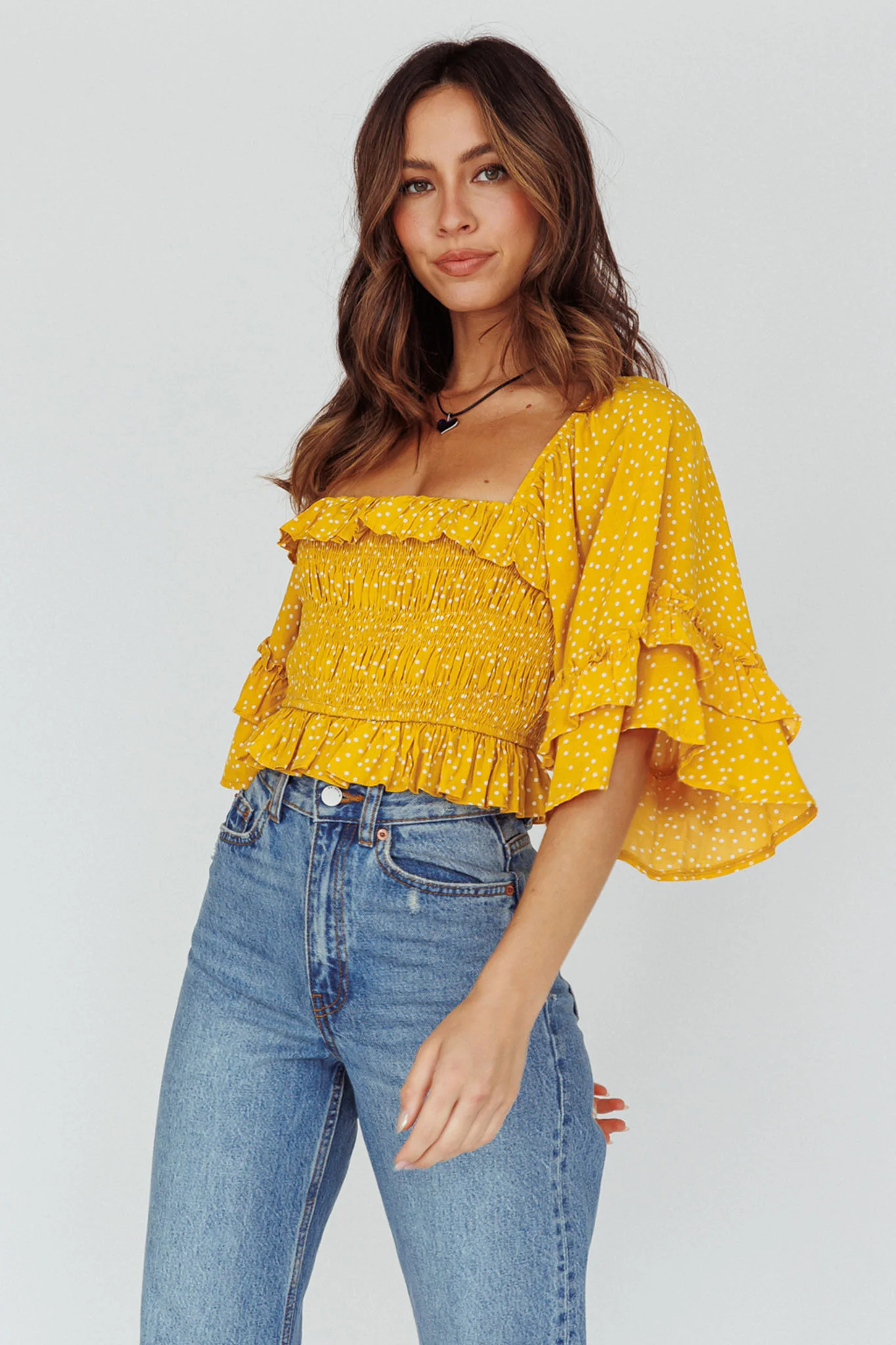 Boardwalk Bell Sleeve Crop Top Spotty Mustard - Image 5