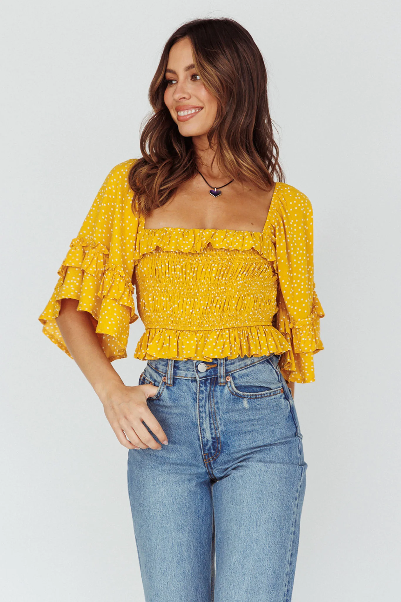 Boardwalk Bell Sleeve Crop Top Spotty Mustard - Image 6