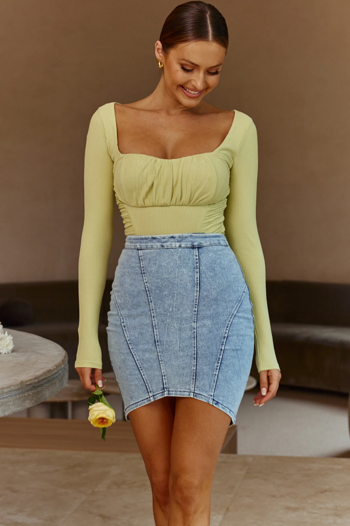 Bobbi Long Sleeve Ruched Side Ribbed Bodysuit Mint - Image 5