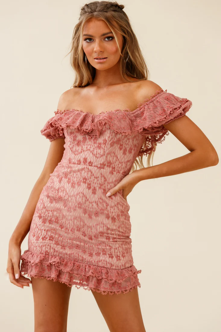 Bobby Bardot Neckline Floral Lace Overlay Dress Rose - Image 3
