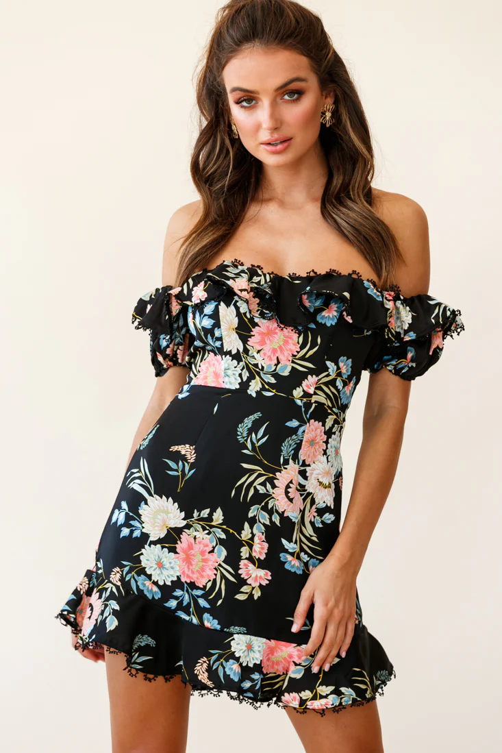 Bobby Bardot Neckline Puff Sleeve Dress Black - Image 2