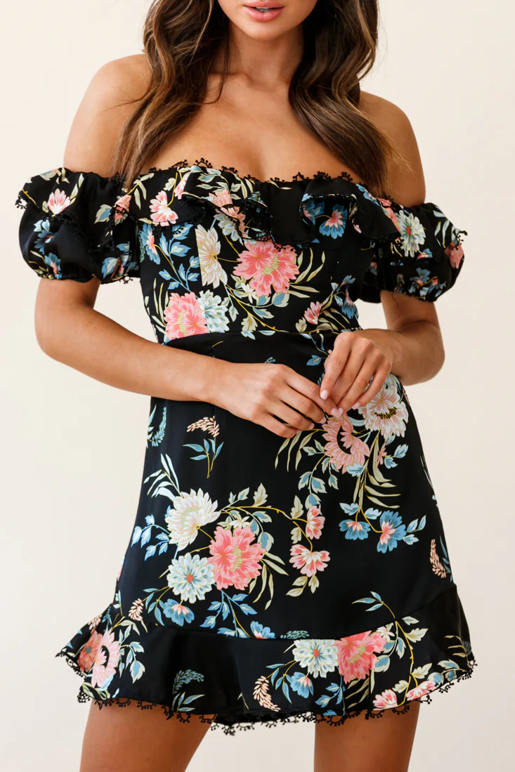 Bobby Bardot Neckline Puff Sleeve Dress Black - Image 7