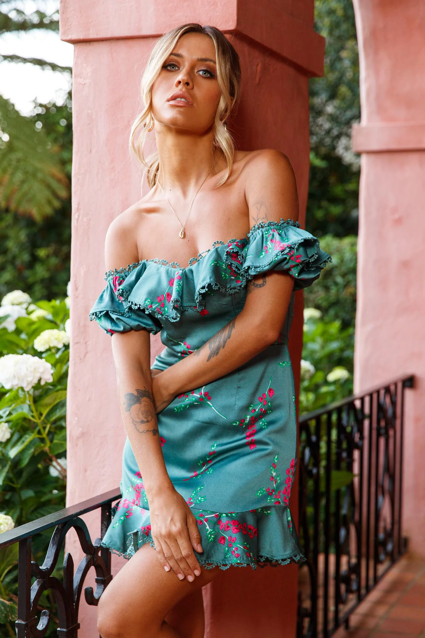 Bobby Bardot Neckline Puff Sleeve Dress Flower Spring Print Sage - Image 4