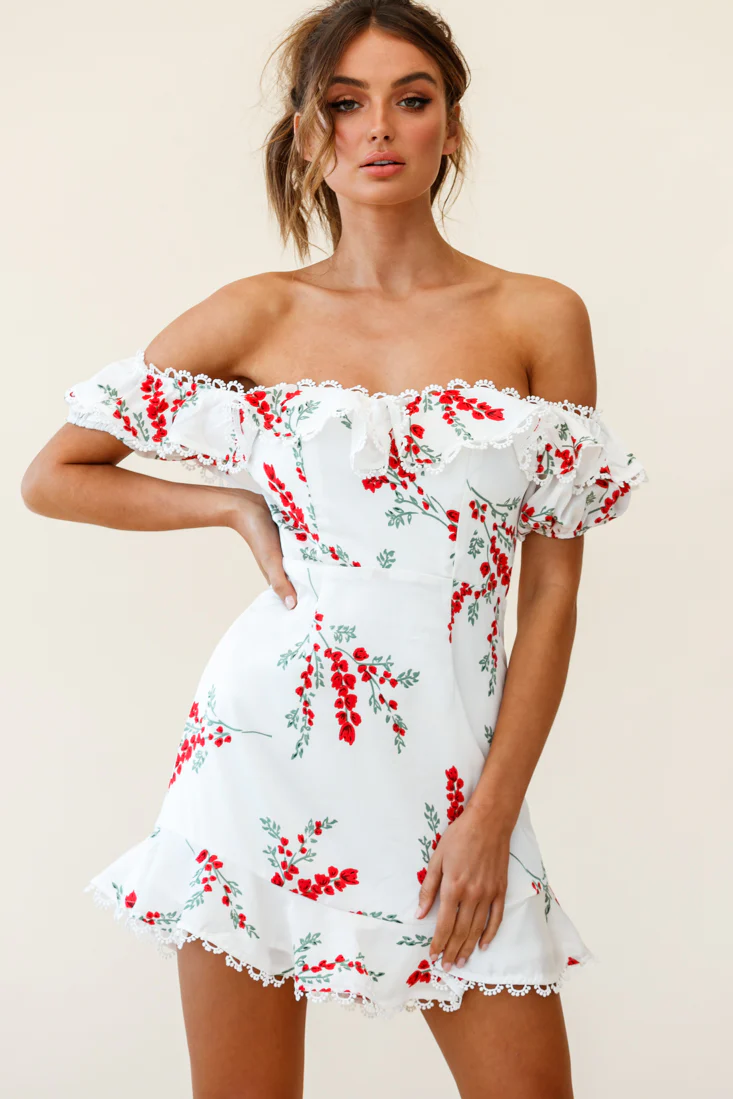 Bobby Bardot Neckline Puff Sleeve Dress Flower Spring Print White - Image 4