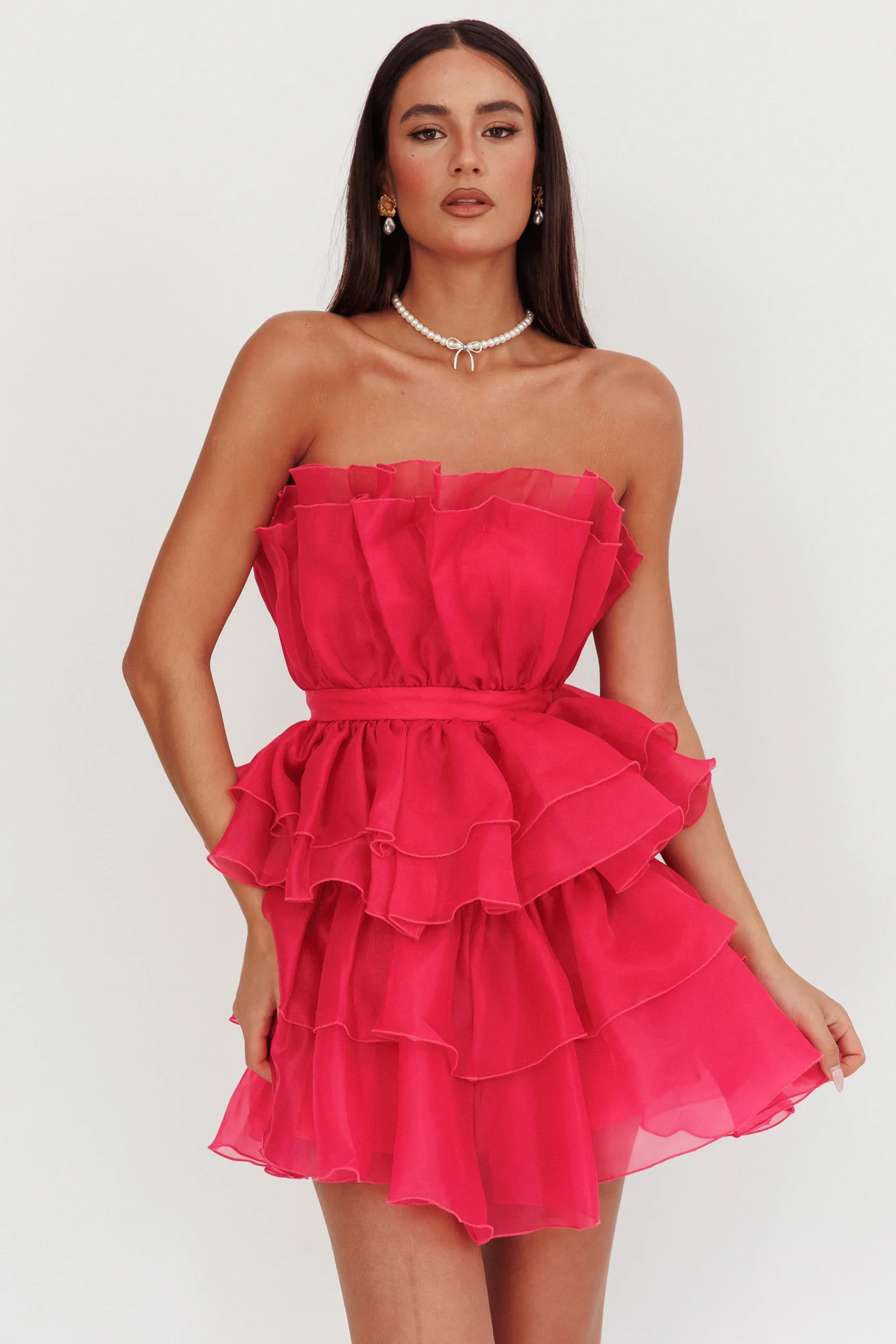 Bon Bon Tiered Chiffon Mini Dress Fuchsia - Image 4