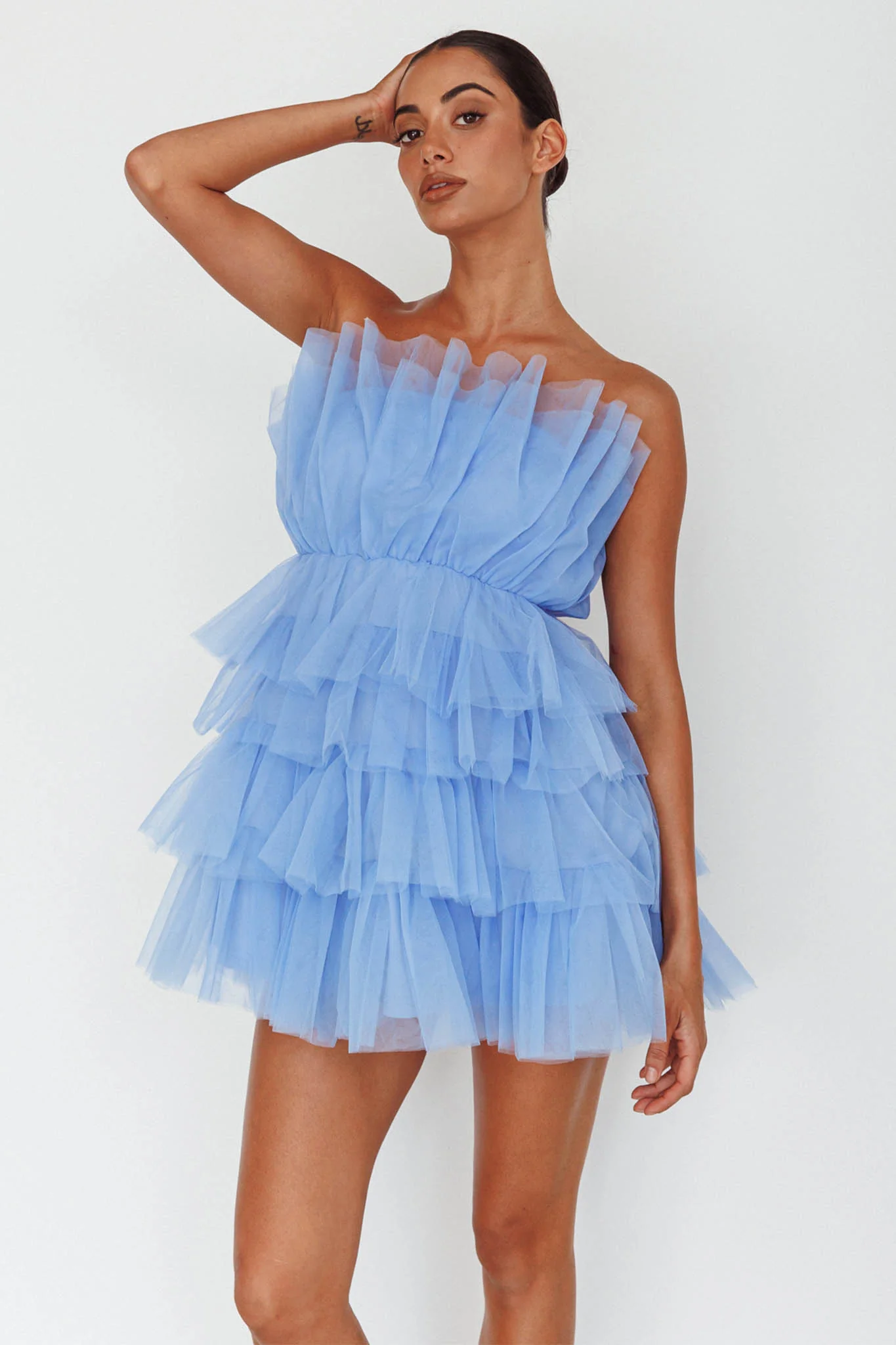 Bon Bon Tiered Mesh Mini Dress Steel Blue - Image 6