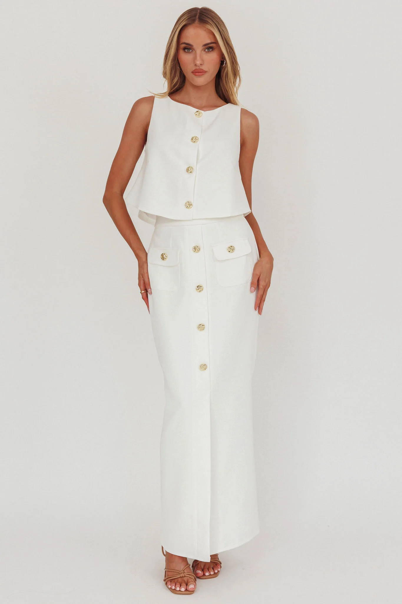 Bondi Sunset Faux Button Placket Maxi Skirt White - Image 2