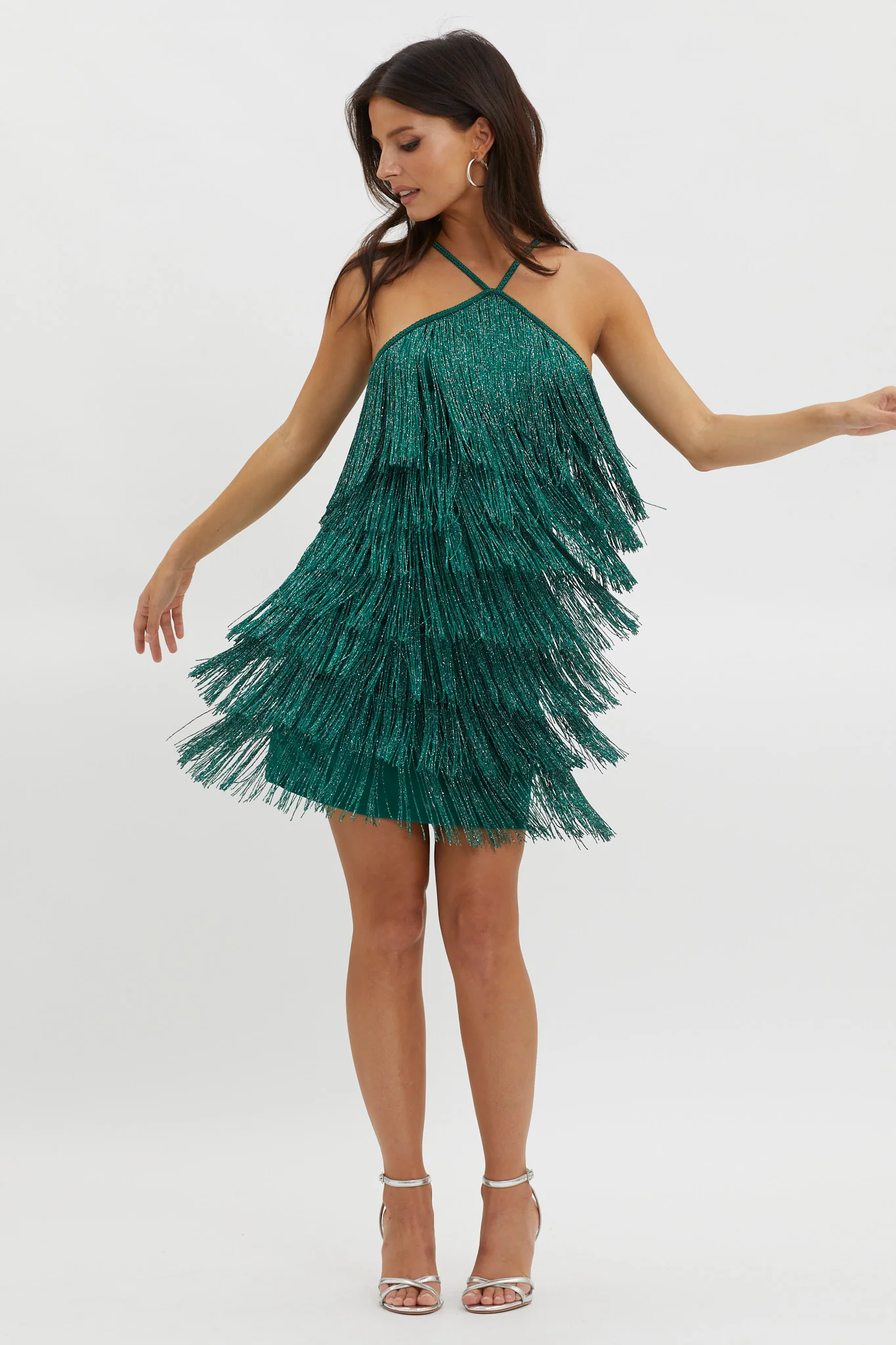 Boulevarde Fringe Trim Mini Dress Dark Green - Image 4