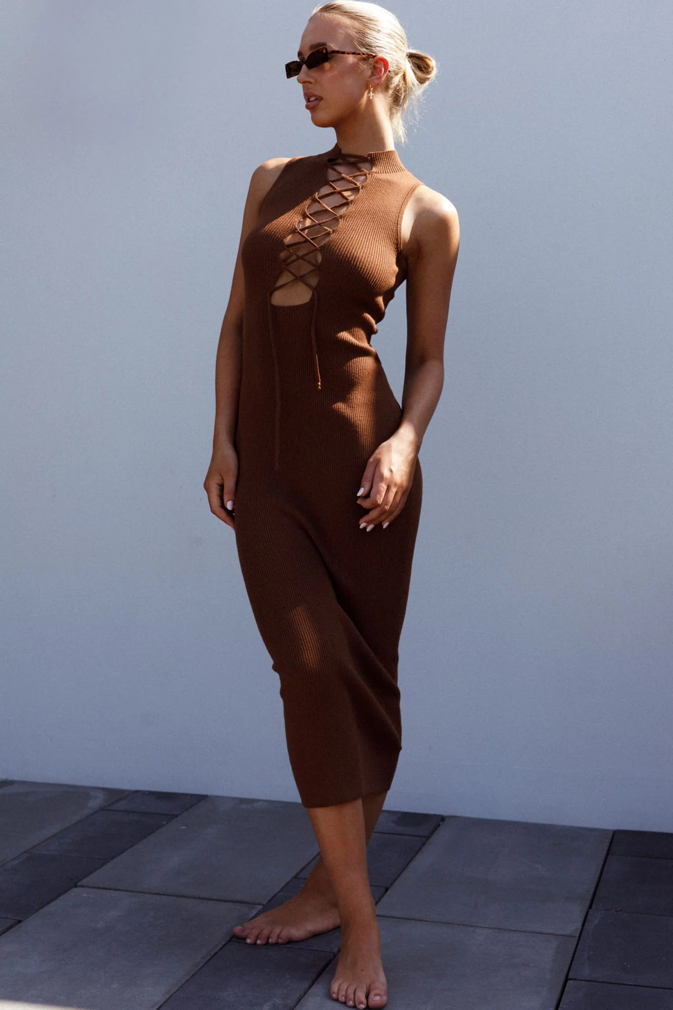 Brand New Day Lace-Up Bust Knit Midi Dress Chocolate - Image 6