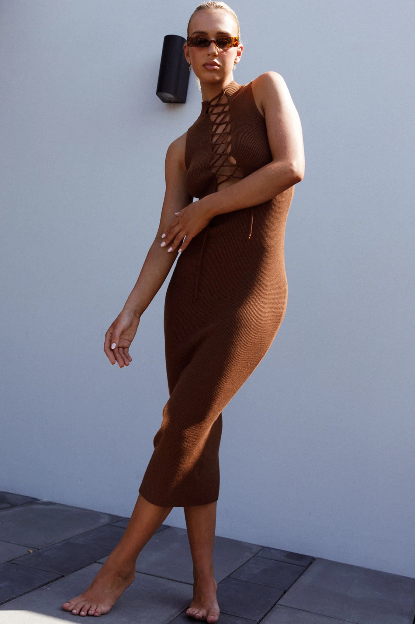 Brand New Day Lace-Up Bust Knit Midi Dress Chocolate - Image 8