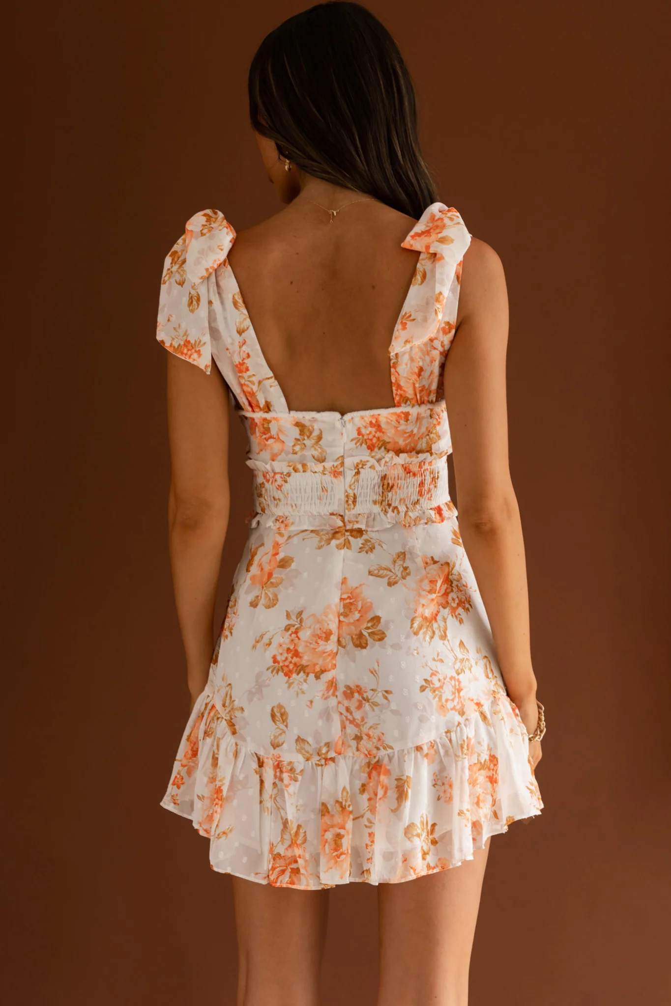 Break Of Dawn Bow Shoulder Shirred Waist Dress Floral White - Image 2