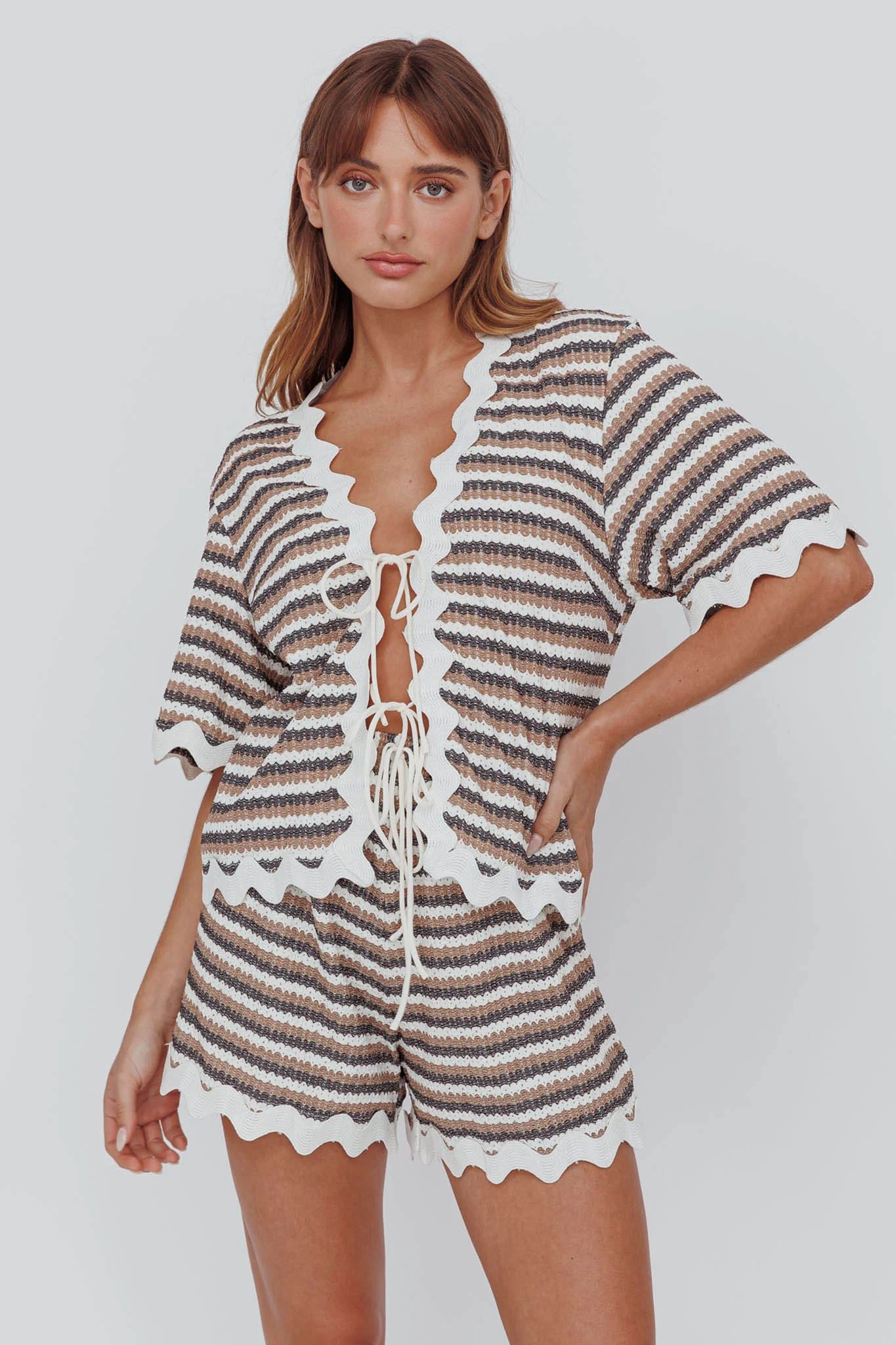 Breakaway Tie Front Shirt Stripe Mocha - Image 5