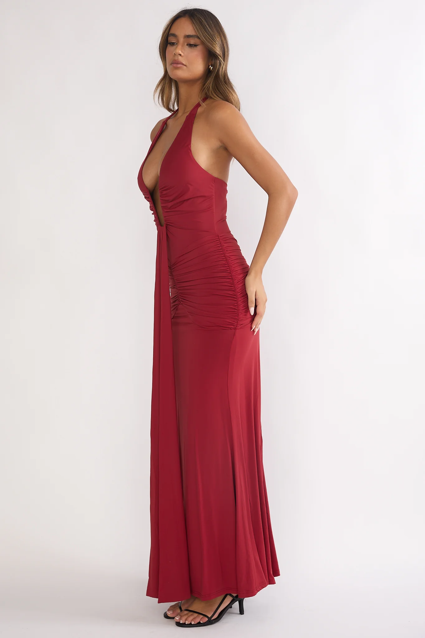 Brienna Halter Ruched Maxi Dress Wine - Image 2