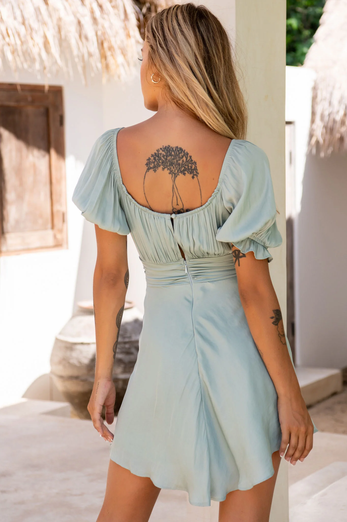 Bright Side Off-Shoulder Puff Sleeve Dress Pistachio - Image 3