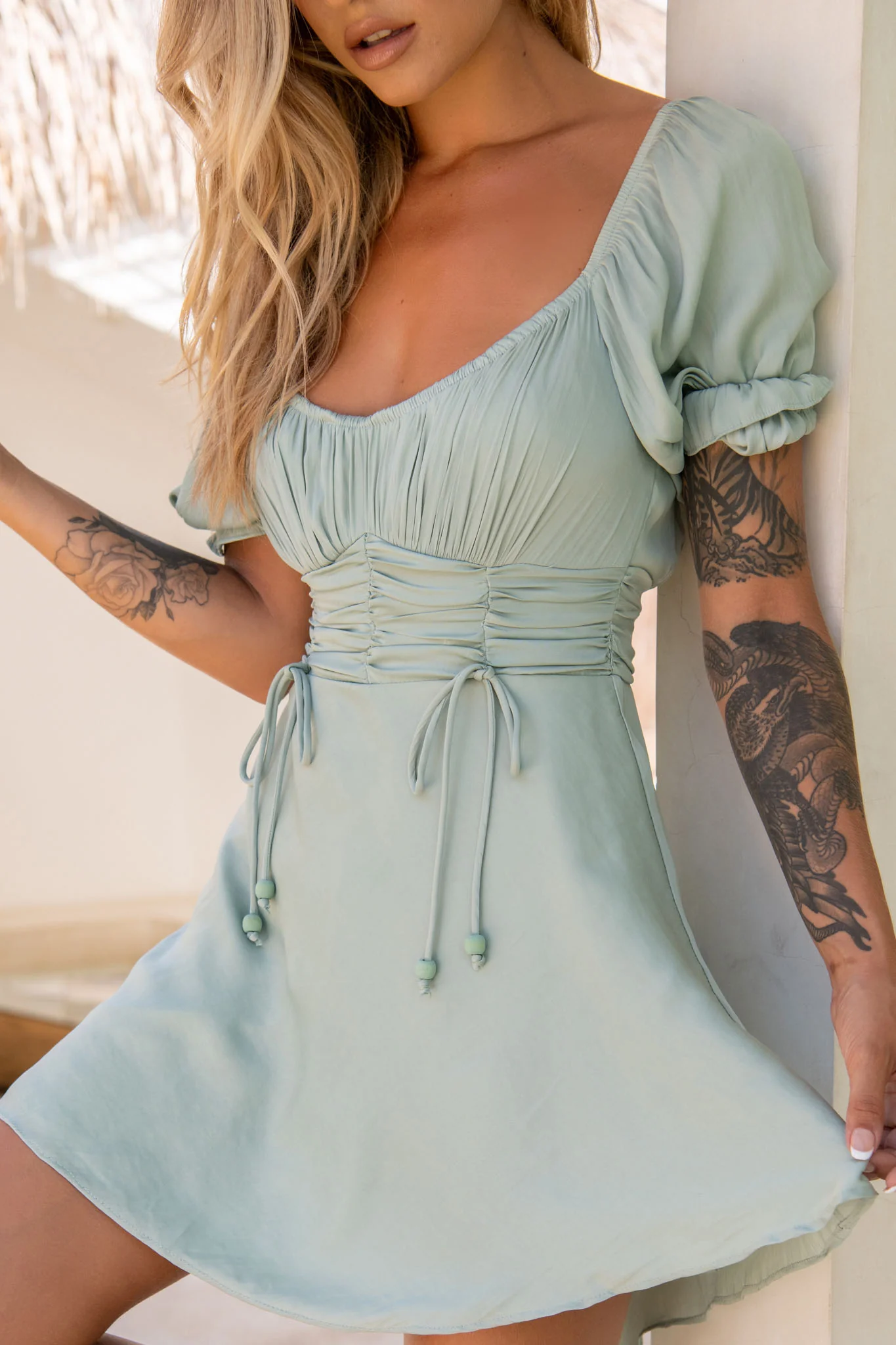 Bright Side Off-Shoulder Puff Sleeve Dress Pistachio - Image 4