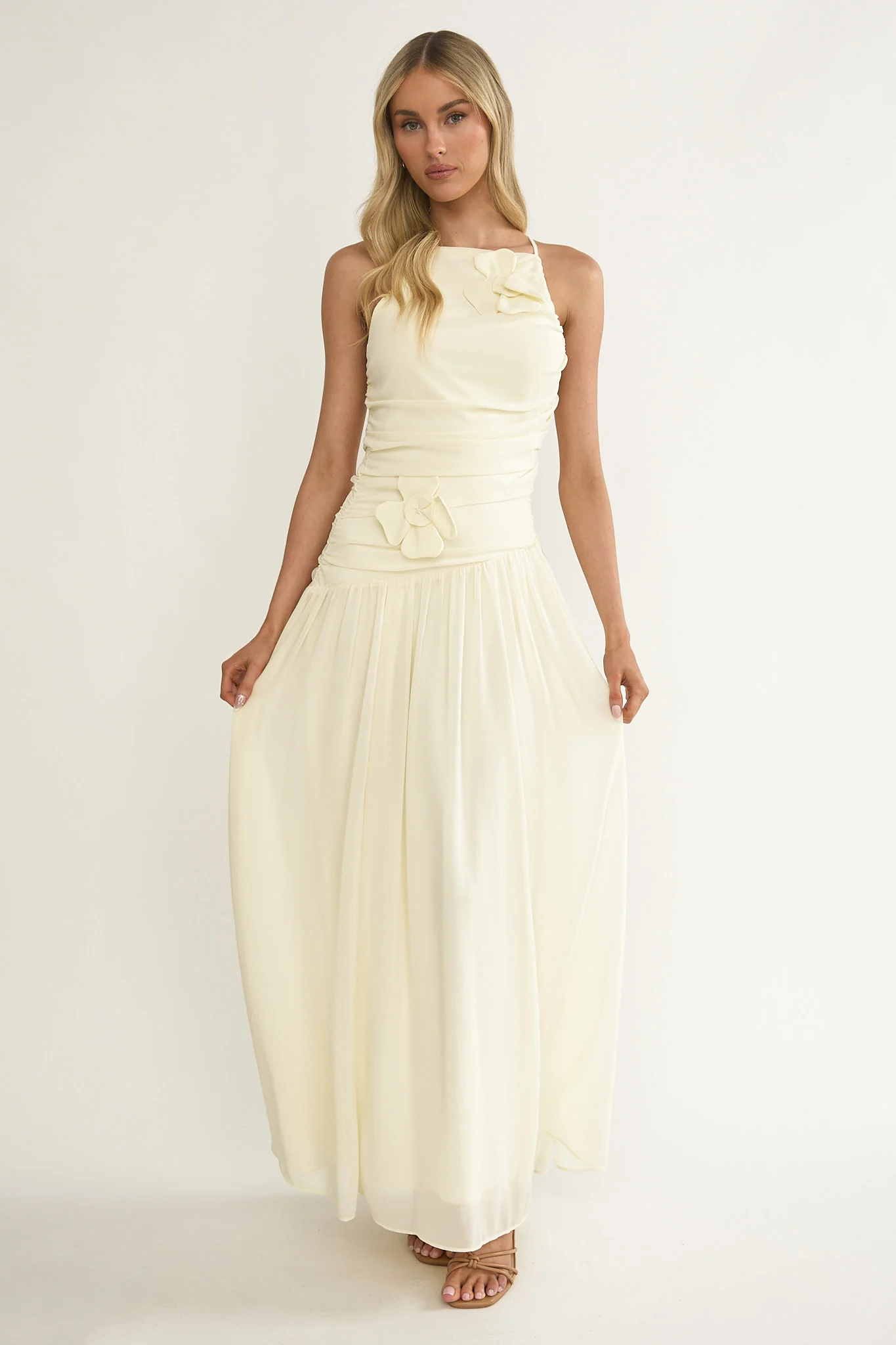 Brighten Drop Waist Flower Accent Maxi Dress Butter - Image 4
