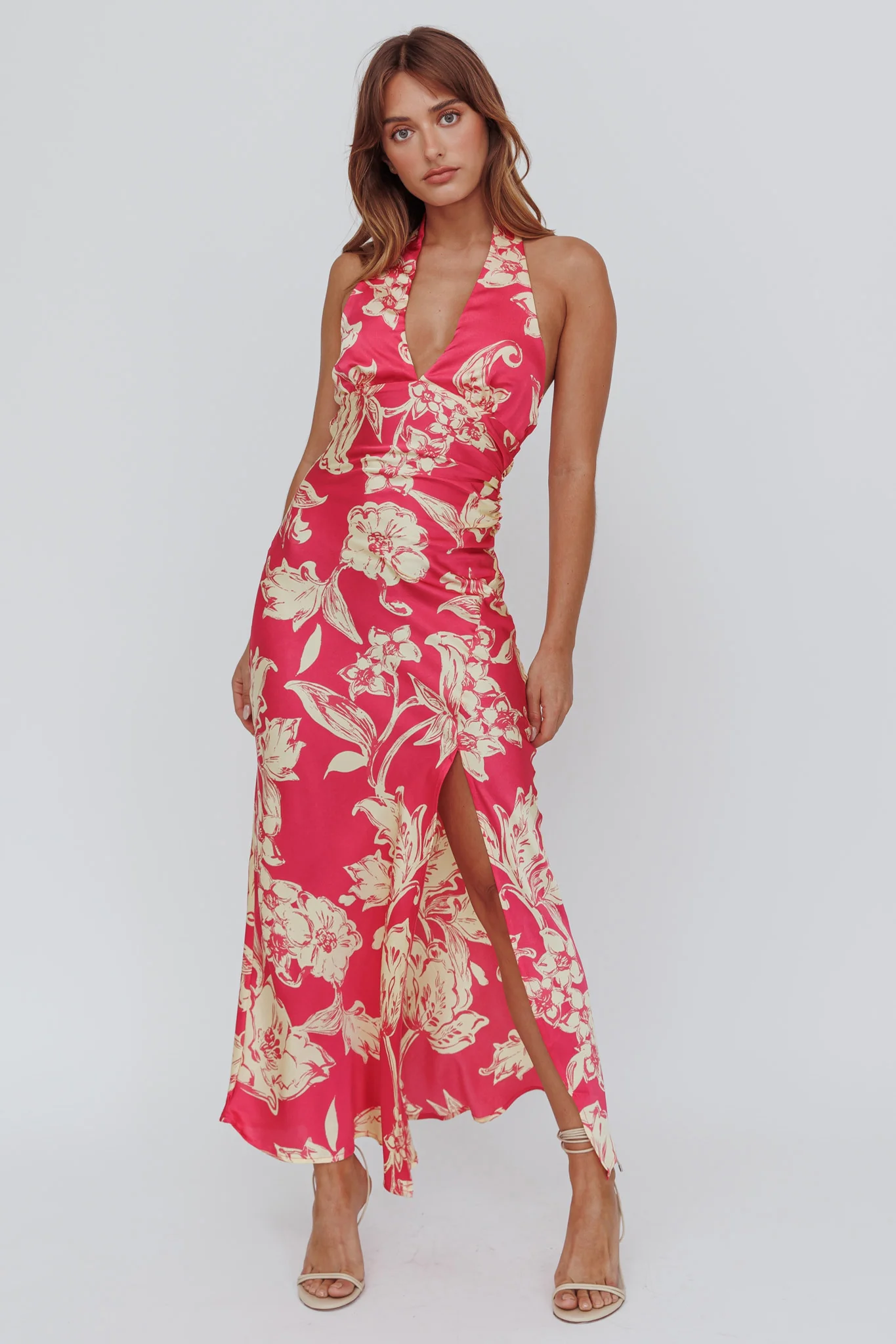 Brighter Days Halterneck Split Midi Dress Fuchsia - Image 3