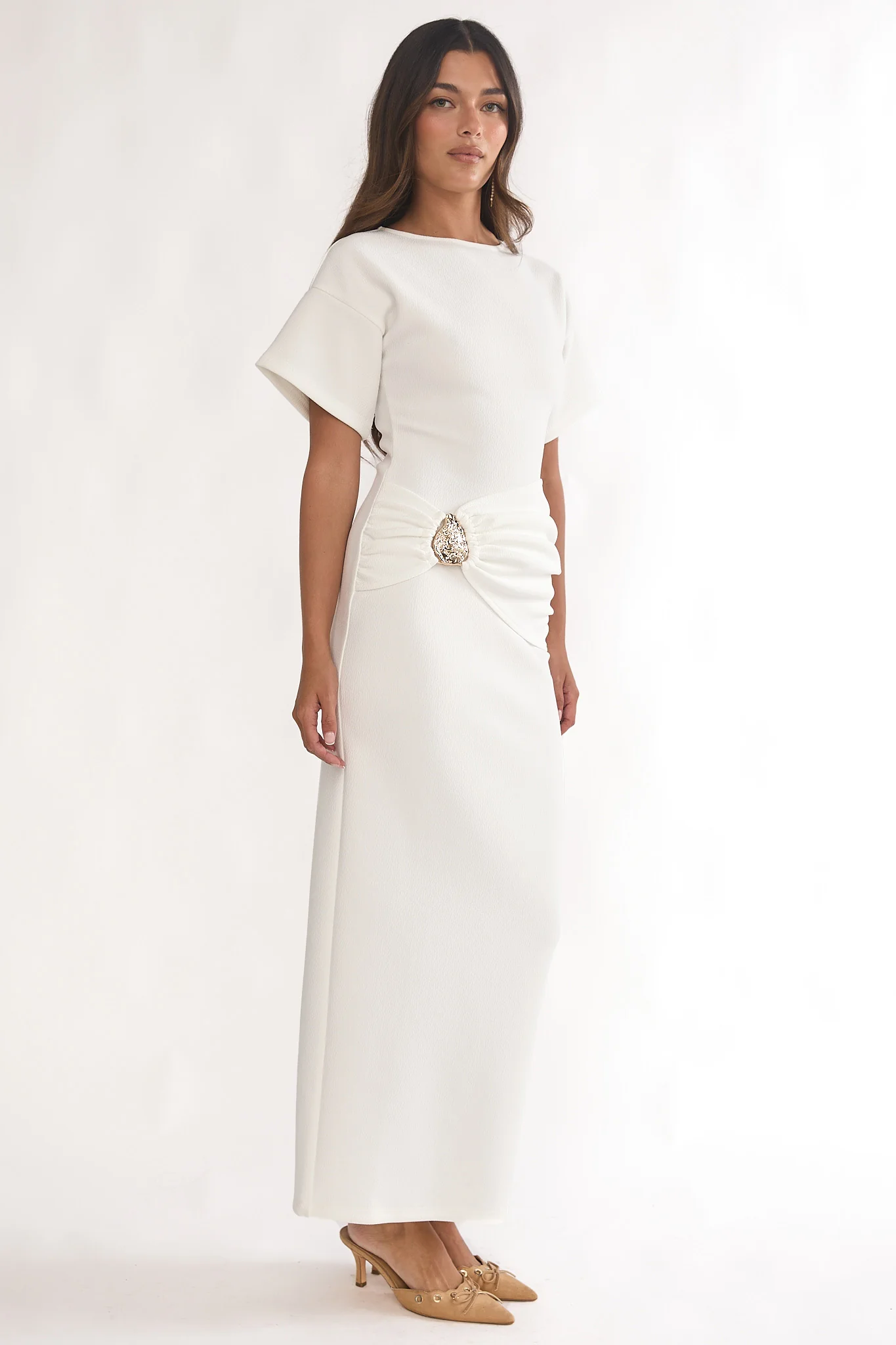 Briona Short Sleeve Buckle Maxi Dress White - Image 6