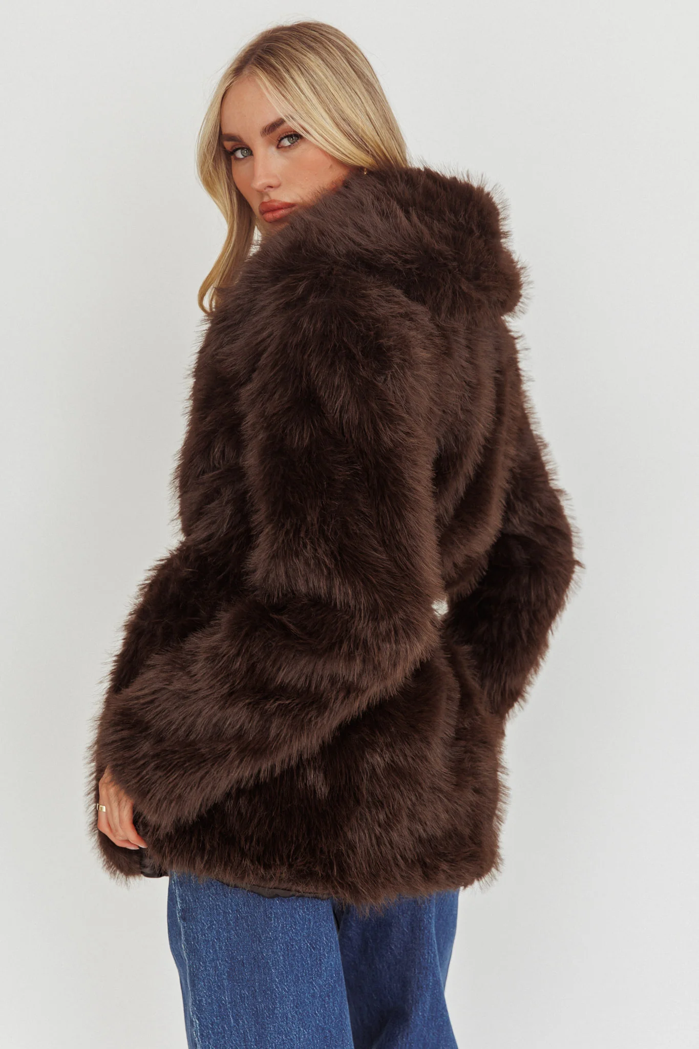 Brisa Belted Lapel Coat Faux Fur Brown - Image 3